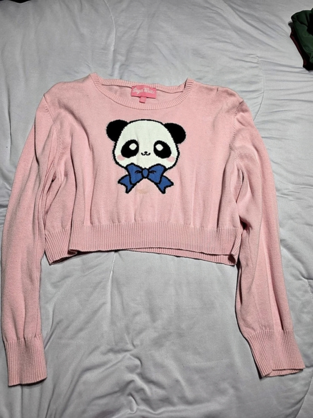 Sugar Thrillz Pink Panda Cropped Sweater with Blue Bow Pink & Black 1X